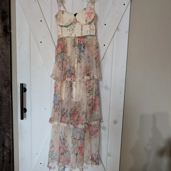 Vici Floral High Low Dress - Cream and Pink - Picture 3 of 5